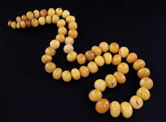 A single strand amber bead necklace, 84cm.